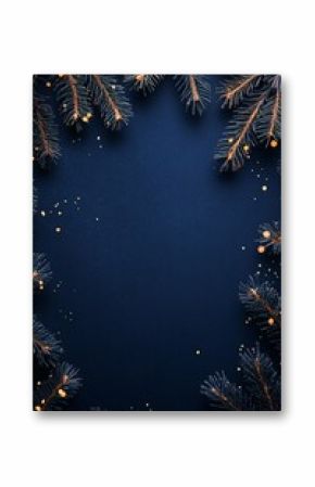 Christmas pine branches with golden lights on blue background