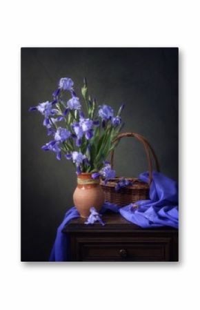 Still life with blue iris flowers