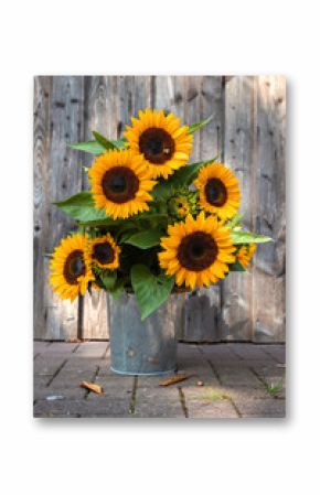 A beautiful sunflower bouquet in front of a wooden wall. Germany