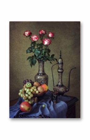 Still life with bouquet of pink roses and fruits