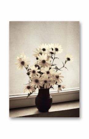 Bouquet of flowers on windowsill. Still life with jerusalem artichoke flowers