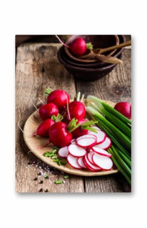 Fresh springtime radishes, green onion and garlic,  plant based food