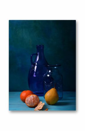 Still life with a purple vase and fruit