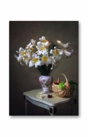 Still life with flowers and basket of fruit