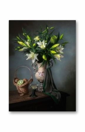 Still life with white lily and kiwi
