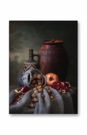 Still life with walnuts and pomegranates