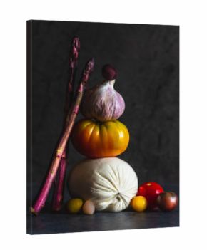 still life with mozzarella, tomato and asparagus