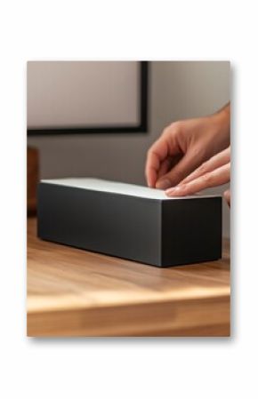 Removing Tissue From a Sleek Black Box on a Wooden Surface