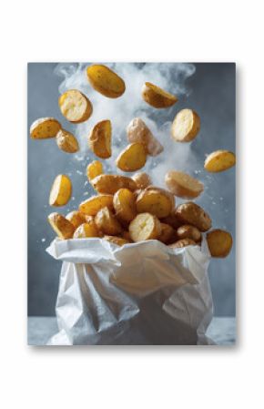 Steaming potatoes levitating from a paper bag, showcasing a freshly cooked and delicious culinary presentation. Food still life.