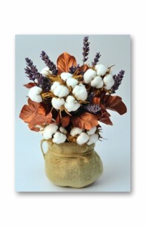 Rustic Cotton & Lavender Bouquet in Burlap Pot Autumn Floral Arrangement