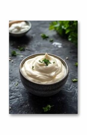 Creamy Mayonnaise in Bowl Garnished with Parsley on Dark Textured Background