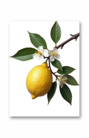 Lemon on Branch with Flowers, Transparent Background