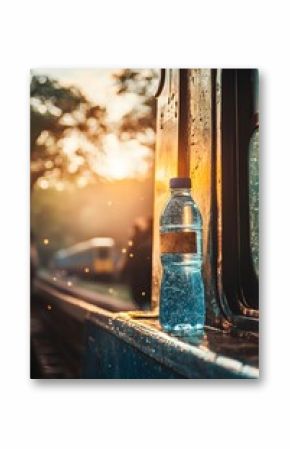 Sparkling Water Bottle on Train at Sunset