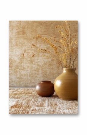 Two earthy-toned ceramic vases hold dried grasses against a beige textured wall.