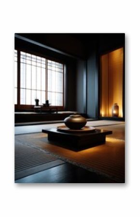 Elegant, dark room with traditional Japanese tea ceremony setup.