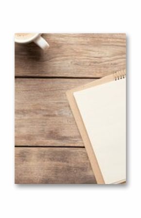 Overhead View of Coffee Cup and Blank Notepad on Rustic Wooden Table
