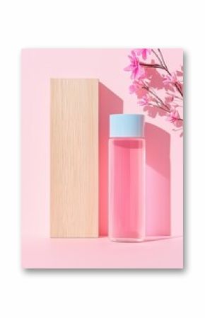 Pink Perfume Bottle with Flowers on Pink Background