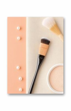 Elegant Flat Lay of Pearls Makeup Brushes and Fashion Notes on Silk