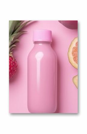 Pink Juice Bottle with Fresh Fruits on Pink Background