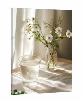 Simple ceramic cup and flowers under soft light