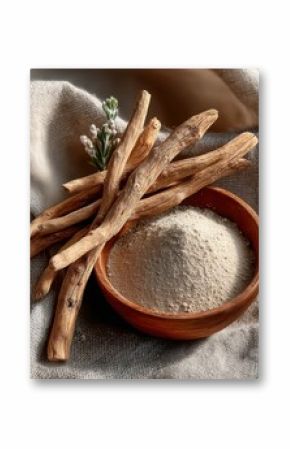 Ayurvedic Ashwagandha: Dried Roots and Fine Powder Still Life for Herbal Remedies and Wellness Content