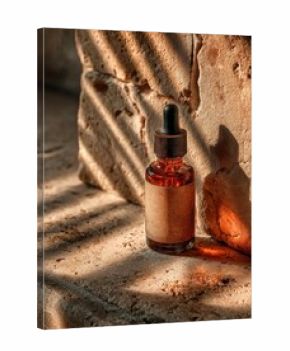 Amber Glass Dropper Bottle on Stone Surface with Shadows: Cosmetic Serum, Essential Oil, Natural Product, Mockup, Sunlight