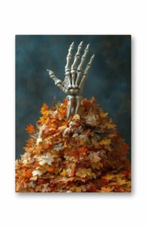 A skeletal hand emerging from a pile of autumn leaves