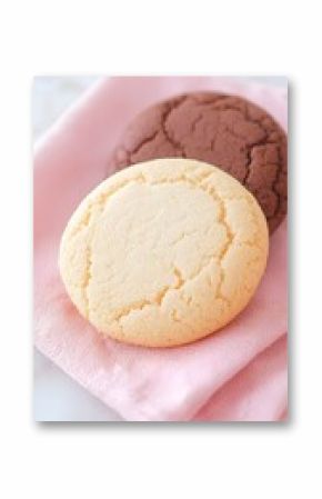 Two Round Cookies on Pink Napkin, Close-up Shot