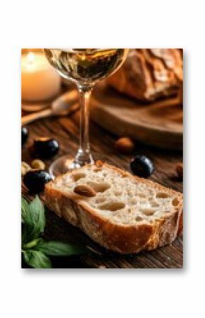 A slice of artisan bread, a glass of white wine, and olives on a rustic wooden table.  A warm and inviting atmosphere with candles