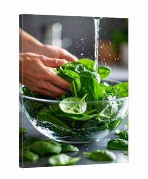 Fresh green spinach leaves are being washed in a clear glass bowl filled with clean water, for a salad.