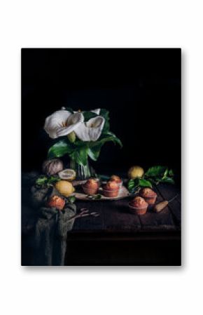 Elegant still life with muffins and flowers