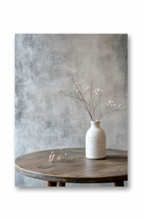 A simple vase with dried flowers on a wooden table against a textured wall