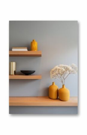 Wooden shelves display decorative items against a muted gray wall.