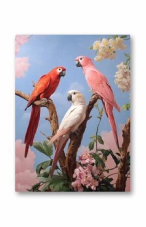 Parrots on branch pastel sky