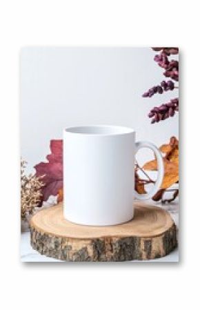 White Mug Mockup on Terrazzo Tabletop with Autumn Leaves