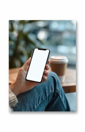 A person is sitting comfortably in a café, holding a black smartphone with a blank screen. A disposable coffee cup sits nearby, and the atmosphere is cozy and inviting