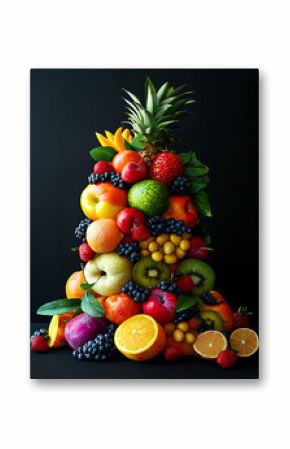 Fruit concept, Stacked arrangement of different fruits, dark background
