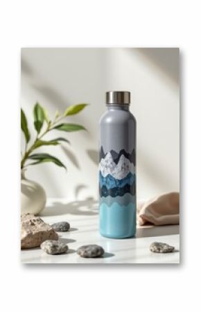 sophisticated reusable water bottle with speckled stone pieces in a layered composition, polished design, cool gray and ocean blue colors, soft glow, premium ad vibe, high resolution
