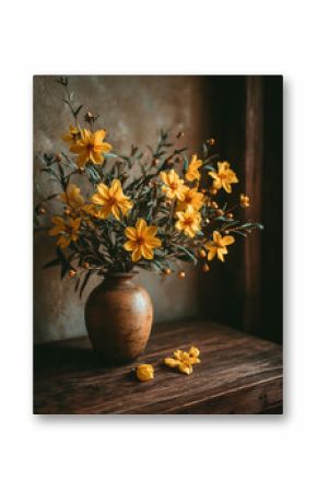 Yellow Flower Bouquet in Rustic Brown Vase on Wooden Shelf