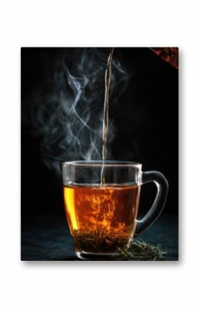 Steaming tea poured into glass mug