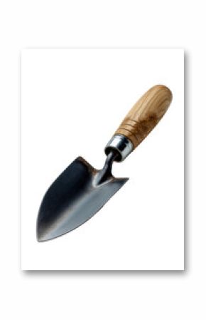 Garden Trowel Tool: Close-up of a shiny new trowel with a wooden handle, ideal for small-scale digging and planting in your garden.