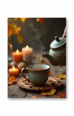 Slow-motion shot of teapot pouring steaming herbal tea into rustic mug on wooden table with autumn leaves and glowing candles