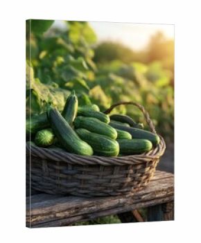 Fresh cucumbers in basket outdoor