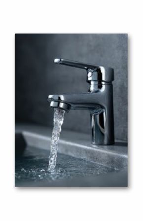 Chrome Faucet Water Flowing into Basin  Plumbing Fixture Photography