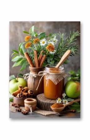 Autumn Still Life Featuring Apples, Cinnamon, Honey Jar and Seasonal Flowers