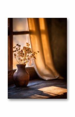A rustic vase with dried flowers sits on a wooden windowsill, illuminated by warm sunlight