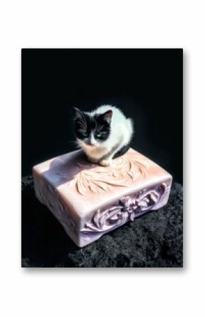 Black and White Cat Resting on Ornate Lavender Soap