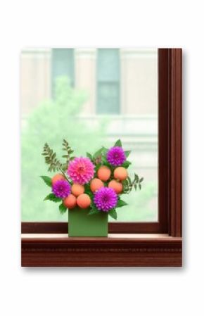 Vibrant Pink Purple Orange Dahlia Flower Arrangement in Green Pot on Windowsill