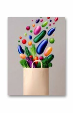 Colorful Vegetables Bursting From a Beige Shopping Bag Against a Gray Background