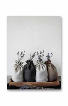 A row of fabric bags filled with black pepper, lavender, sage, and herbs in a wooden box